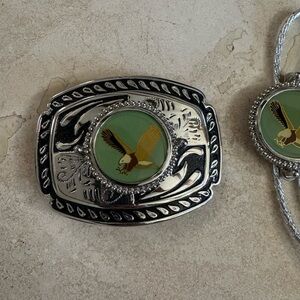 Silver and Green Eagle Belt Buckle and Bolo tie set